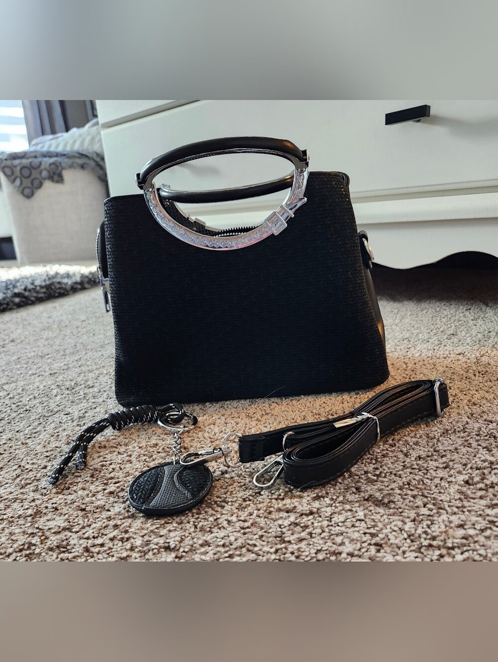 Black Structured Top-Handle Women's Bag with Silver Accent